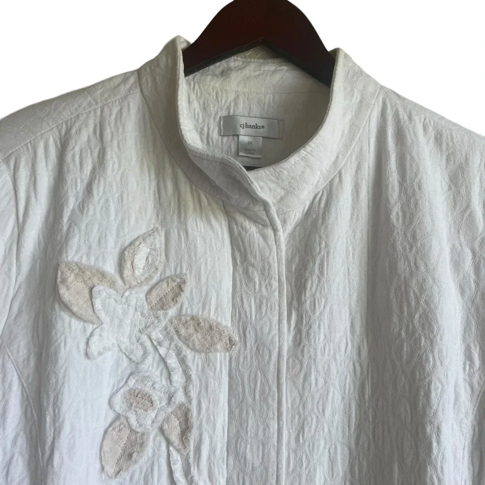 CJ Banks Women‎ Quilted Jacket 2X Ivory Floral Applique Frayed Artwear Boho Chic